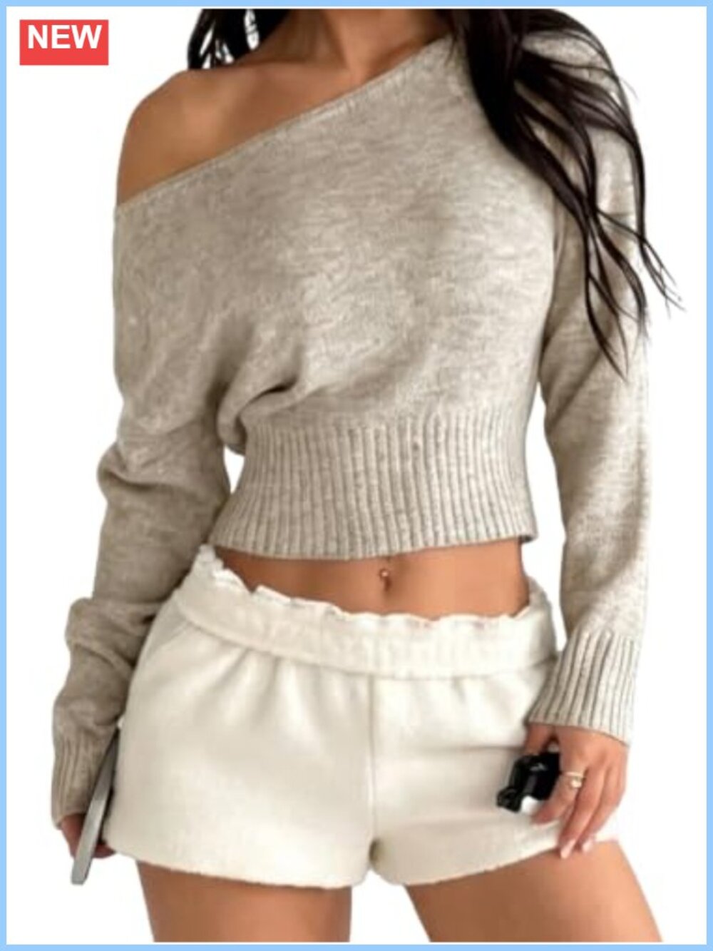 Women's Cropped Off Shoulder Fuzzy Knit Sweater Pullover